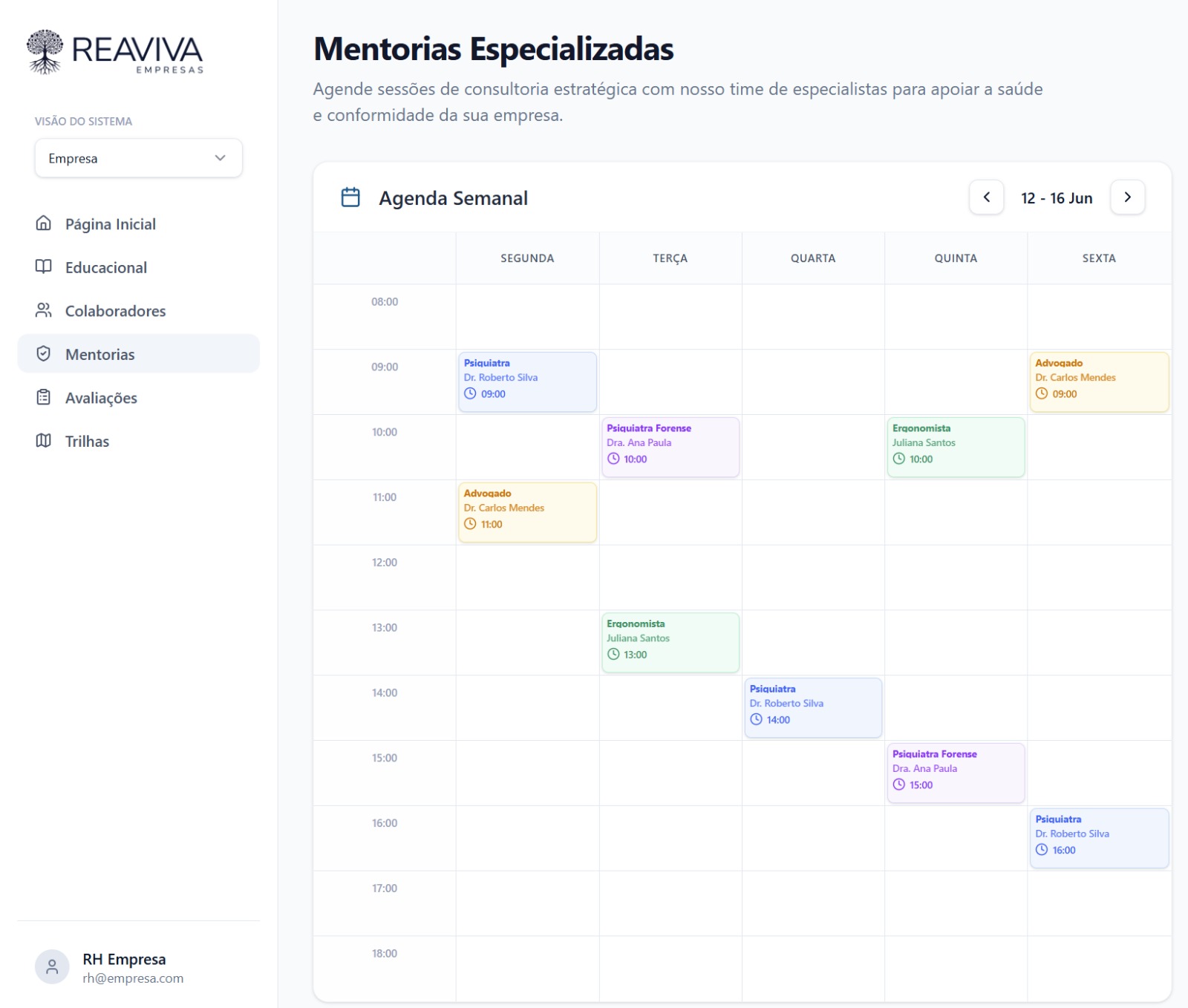 Agenda Semanal de Mentorias Reaviva